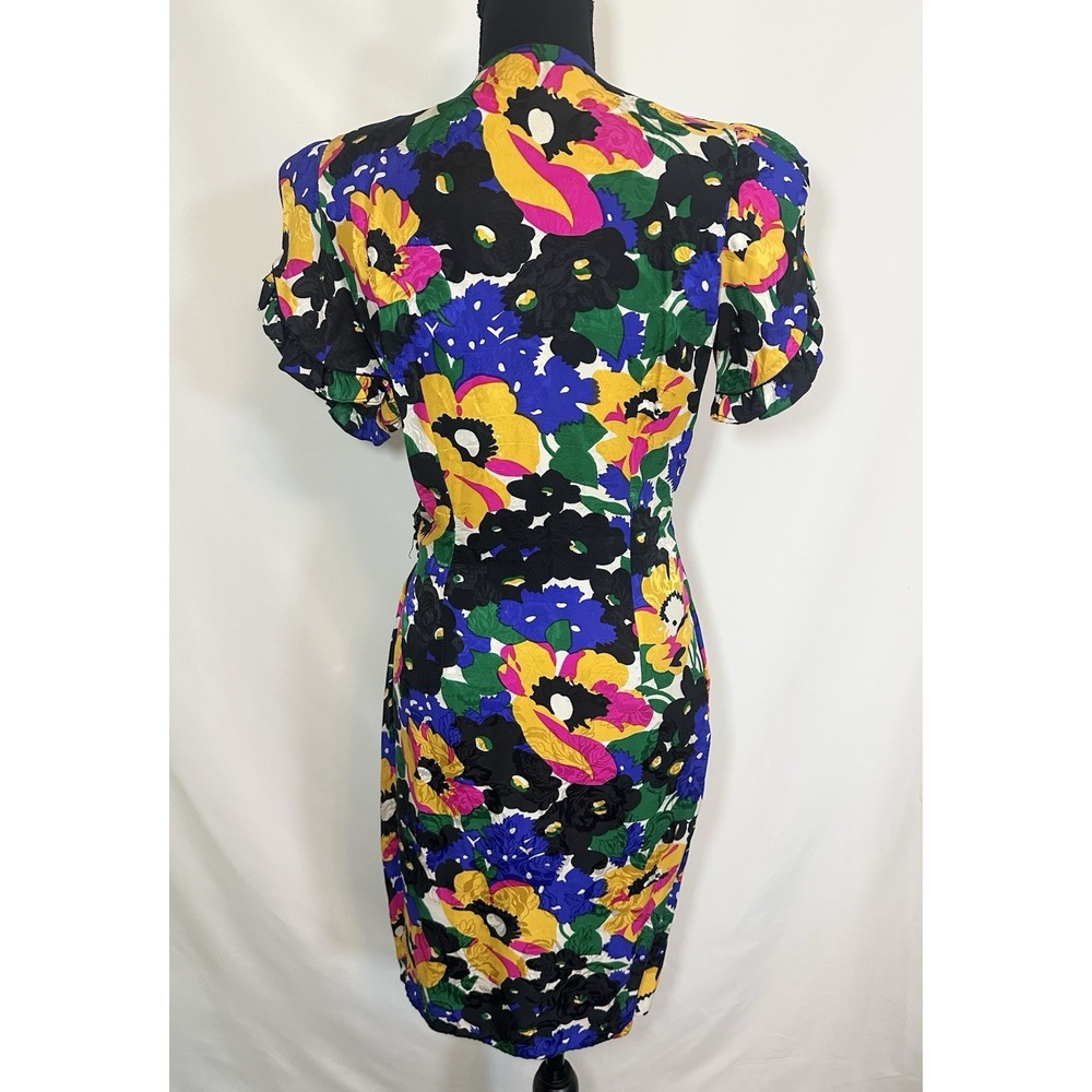 VTG *RARE* 1980's Flora Kung 100% Silk Colorful Floral Puff Sleeve Wrap Dress 6 - Picture 3 of 16